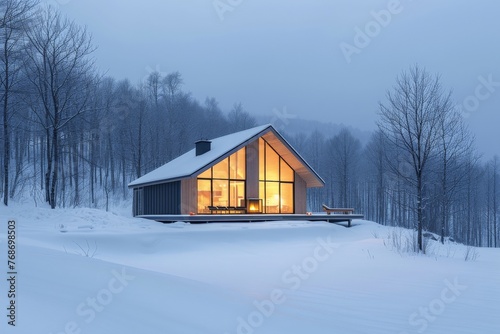 Cozy cabin nestled in snowy forest with scenic mountain views, perfect retreat for winter getaway © VICHIZH