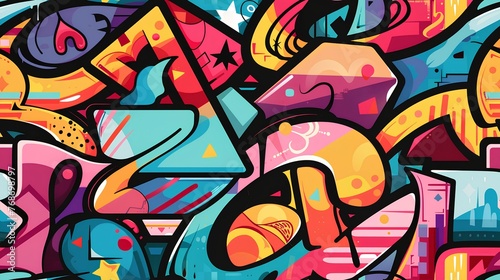 Seamless background featuring a colorful abstract graffiti art pattern, with a mix of spray paint splatters, street style doodles, and urban artistic expressions.