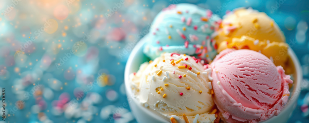 Blue bowl with colorful balls of ice-cream in it. Banner, wallpaper and background concept. Blue bowl with colorful balls of ice-cream in it. Banner, wallpaper and background concept.