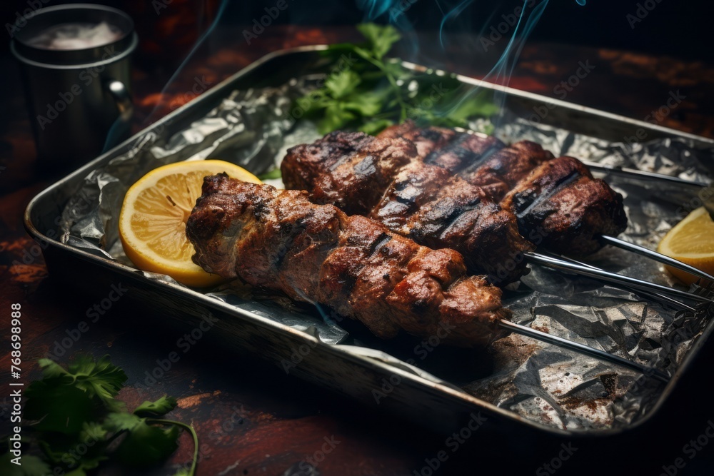 Juicy kebab on a metal tray against a rustic textured paper background