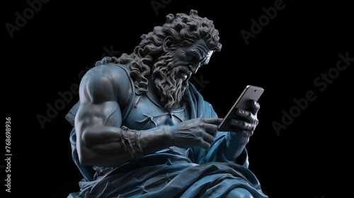 Hyperrealistic 3D sculpture of Zeus holding a smartphone, blending ancient Greek mythology with contemporary surrealism, high-res photo