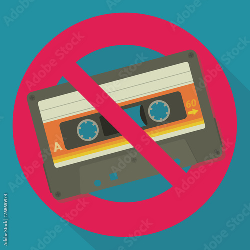 Audio cassette ban on blue background with long shadow in flat design style