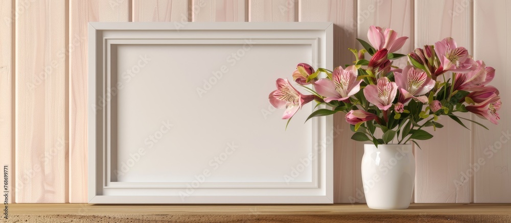 A vase filled with alstroemeria flowers sits on a wooden shelf next to a mock-up white picture frame. The composition features a simple yet elegant display for interior decoration. A vase filled with alstroemeria flowers sits on a wooden shelf next to a mock-up white picture frame. The composition features a simple yet elegant display for interior decoration.