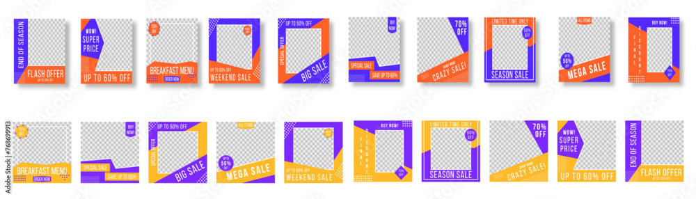 Set of editable minimal square banner templates. Black and yellow color background with line stripe. Suitable for publishing on social networks and online advertising. Vector illustration with photo c