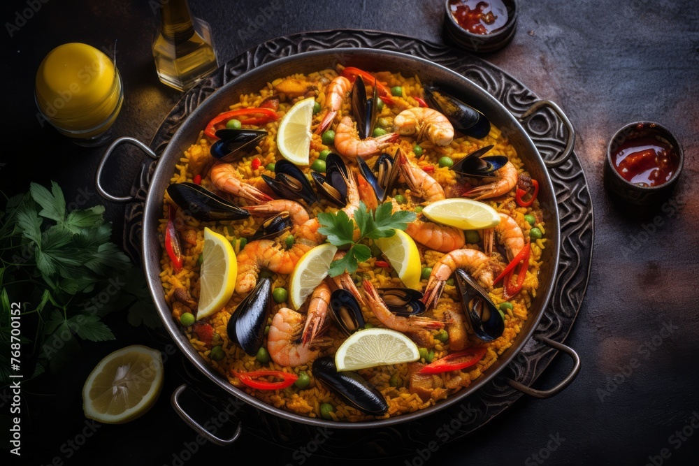 Refined paella on a metal tray against a rustic textured paper background