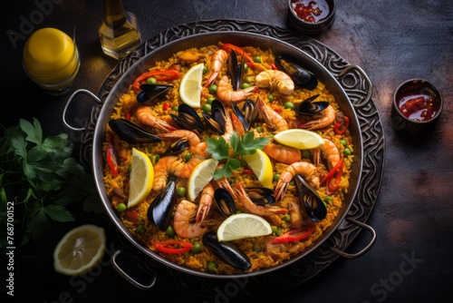 Refined paella on a metal tray against a rustic textured paper background