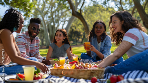 group of friends having a picnic in the park