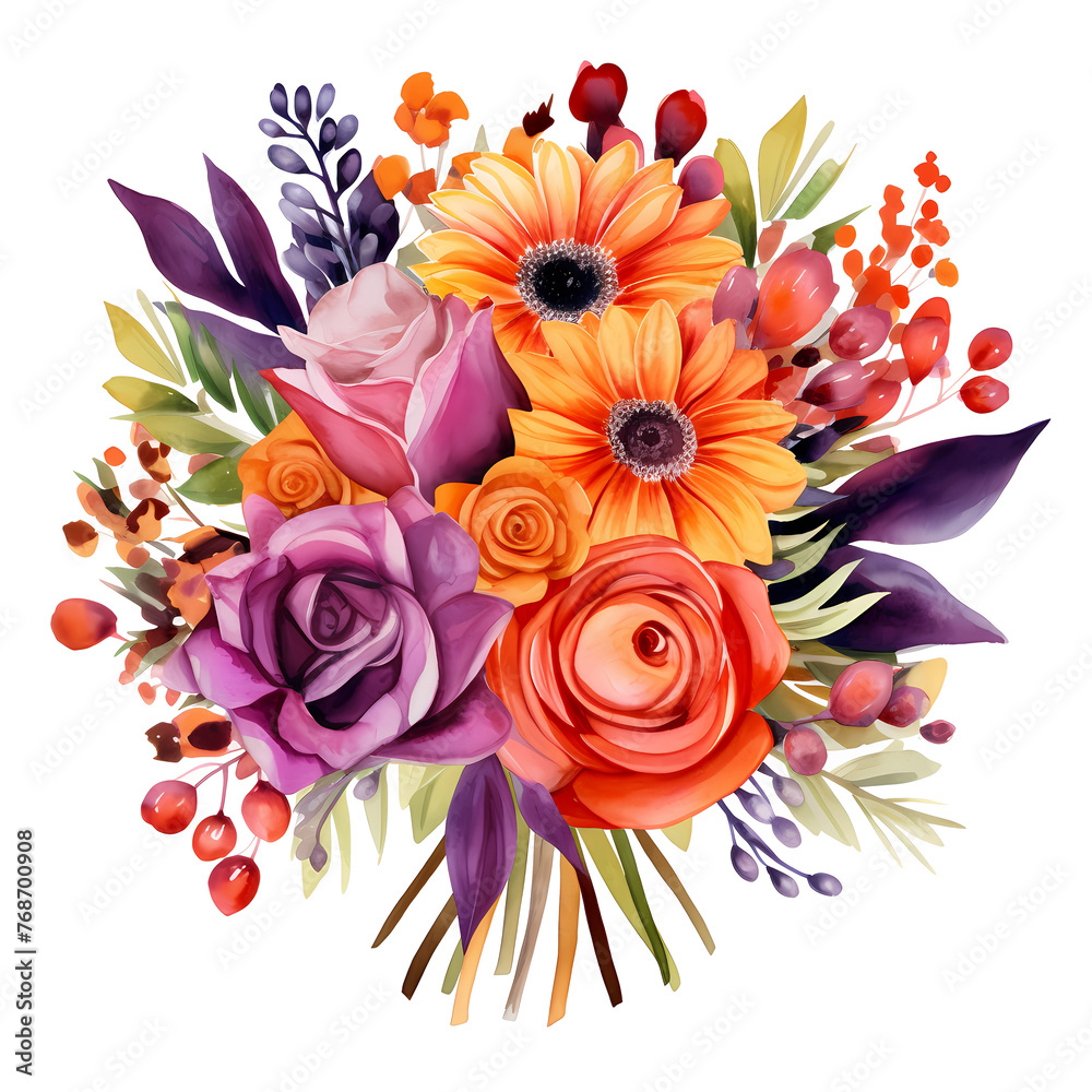 Watercolor clipart of wedding bouquets, bold and bright colors 