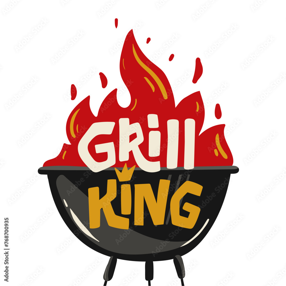 Grill King. Sticker, badge, logo. Barbecue with fire. Hand lettering