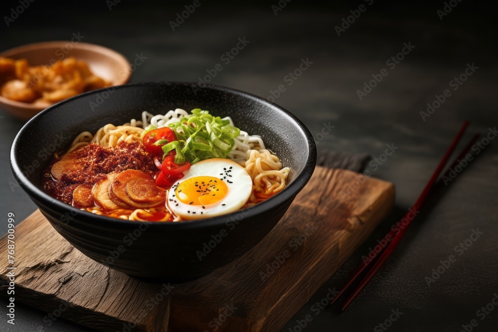 Tempting ramen on a marble slab against a rustic textured paper background