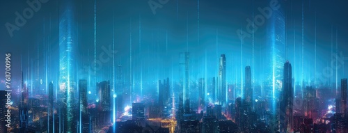 a city skyline illuminated by blue light effects against a black background, with digital data connections weaving through the urban landscape, embodying a futuristic technology concept.