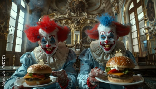 Two clowns with joyful expressions offering burgers. Pair of colorful clowns with exuberant expressions serving burgers in an ornately decorated room