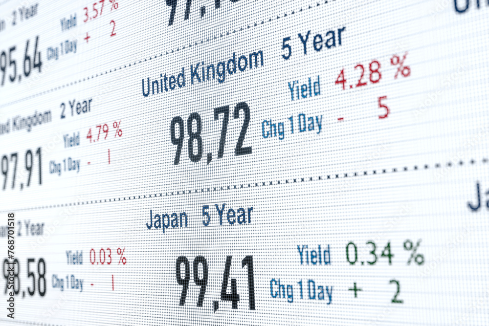 Japanese and british government bonds, yield and prices. United Kingdom and Japan bond market trading, interest rates, financial markets, investment, stock market and exchange. 3D illustration Japanese and british government bonds, yield and prices. United Kingdom and Japan bond market trading, interest rates, financial markets, investment, stock market and exchange. 3D illustration