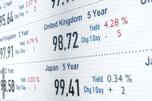 Japanese and british government bonds  yield and prices. United Kingdom and Japan bond market trading  interest rates  financial markets  investment  stock market and exchange. 3D illustration