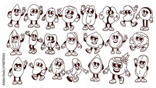 Groovy cartoon nut, bean and seed characters set. Funny retro cartoon nut mascots collection, monochrome stickers of hazelnut macadamia almond pecan peanut cashew in 70s 80s style vector illustration