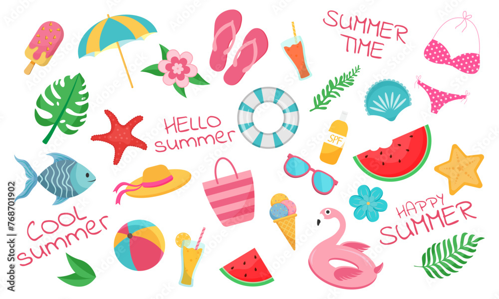 Set of summer icons with beach elements. Vector illustration Set of summer icons with beach elements. Vector illustration