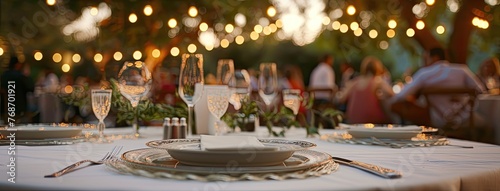 a wedding table setting adorned with plates and cutlery against the backdrop of an outdoor garden scene, with soft-focus guests enjoying the evening under lanterns and string lights.
