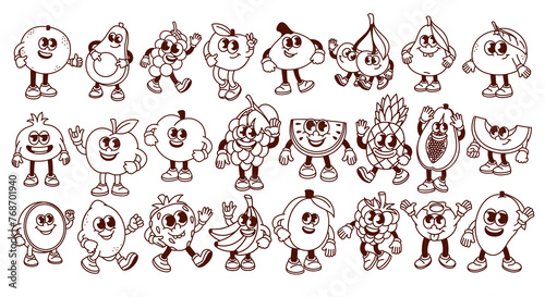 Groovy cartoon fruit and berry characters set. Funny retro monochrome fruit mascots, cartoon stickers of strawberry banana orange apple mango lemon avocado peach 70s 80s style vector illustration