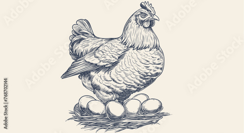 Chicken, hen with nest, eggs. Vintage artwork