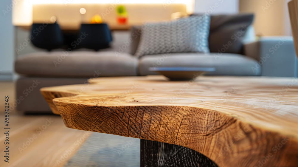 Close up of wooden coffee table with thick raw edge. Interior design of a modern aesthetic living room. Generative AI
