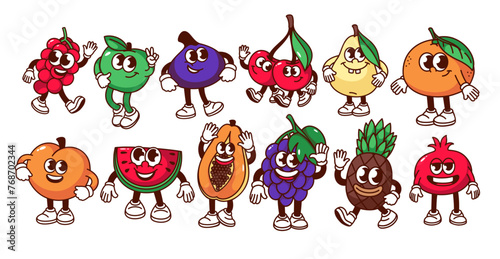 Groovy cartoon fruit and berry characters set. Funny retro fruit mascots with laughs and smiles, cartoon stickers of orange apple pineapple watermelon cherry pear 70s 80s style vector illustration