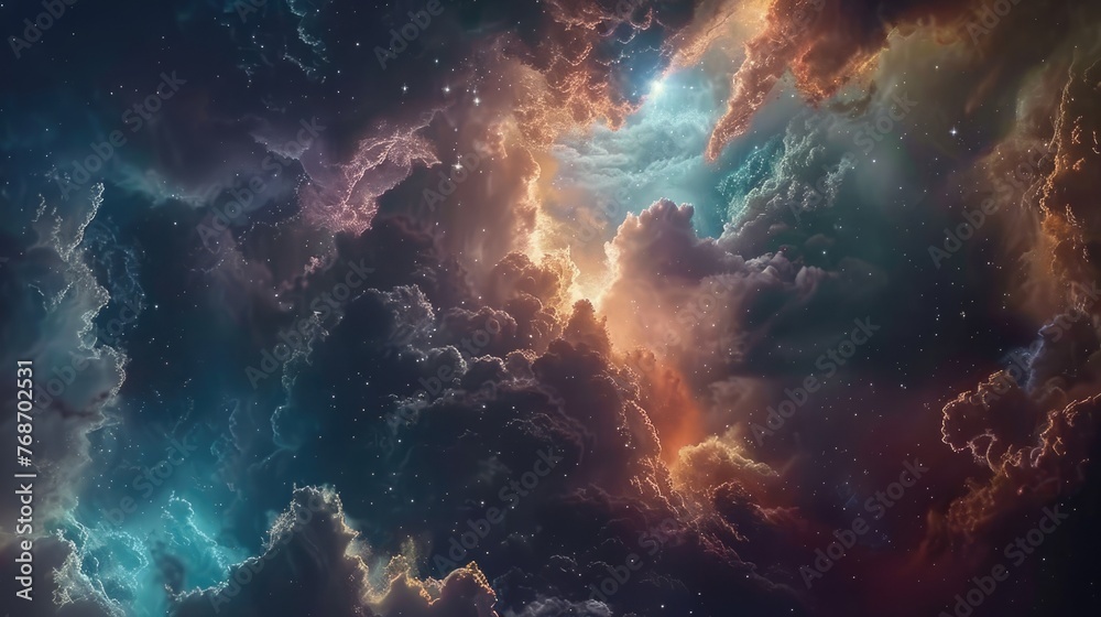 Stunning nebula clouds in a cosmic dance, where the fusion of colors creates a breathtaking celestial masterpiece