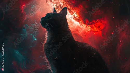 Galactic feline majesty  a cat against a backdrop of fiery celestial clouds  embodying cosmos mystery