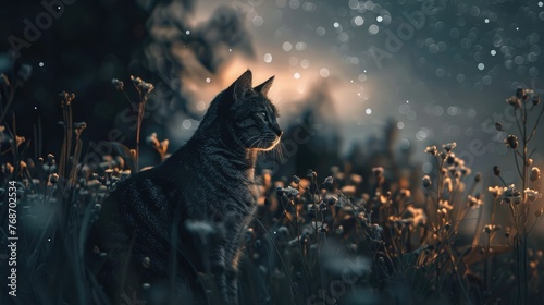 Twilight whispers as a serene cat gazes through a meadow, its silhouette bathed in a dance of bokeh lights