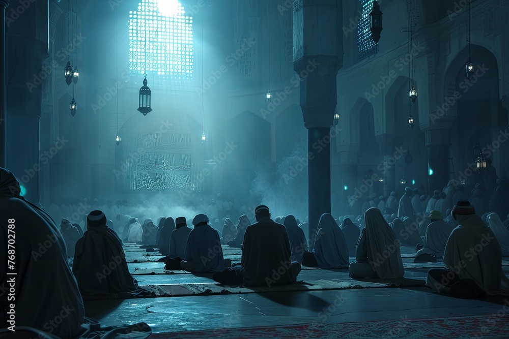 A group of individuals are seated on the floor of a building, engaged in activities related to Laylat al Qadr, a significant observance in the Islamic faith. Generative AI - obrazy, fototapety, plakaty 