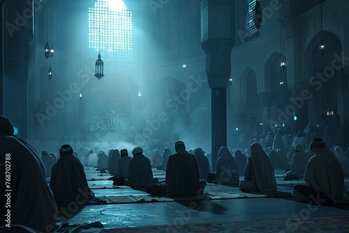 A group of individuals are seated on the floor of a building, engaged in activities related to Laylat al Qadr, a significant observance in the Islamic faith. Generative AI photo