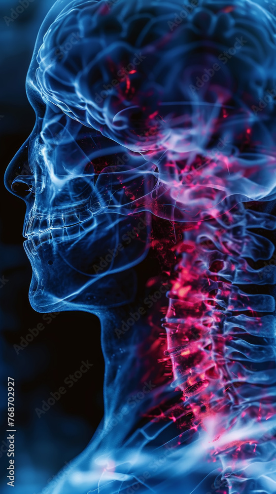Abstract blue x-ray photograph of back and neck pain, pain glows red. Trauma concept. Medical checkup. Generative AI Abstract blue x-ray photograph of back and neck pain, pain glows red. Trauma concept. Medical checkup. Generative AI