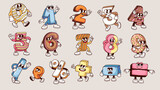Groovy numbers and math signs cartoon characters set. Funny retro numbers mascots, minus and plus, equal and slash, comma. Cartoon fun mathematics stickers of 70s 80s style vector illustration