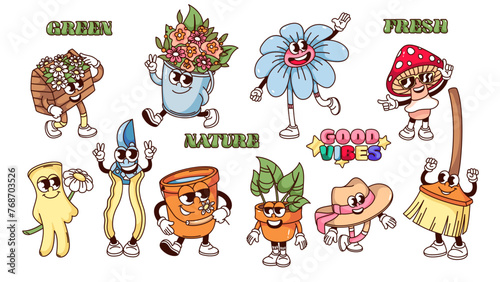 Groovy garden plants and tools cartoon characters set. Funny retro with bucket of flowers and flowerpot, broom and secateurs. Garden works mascot, cartoon stickers of 70s 80s style vector illustration