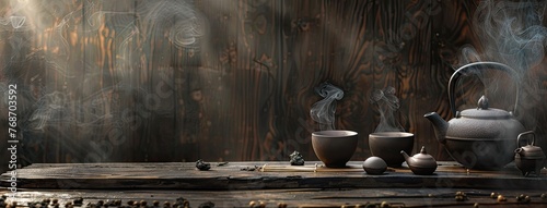 Chinese tea ceremony, showcasing the preparation and serving of healthy herbal leafy drinks, a cherished Asian tradition celebrated with beautiful teapots and teacups arranged on a wooden table.