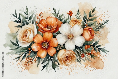 watercolor bouquet of pastel orange and white flowers with leaves on aged white background