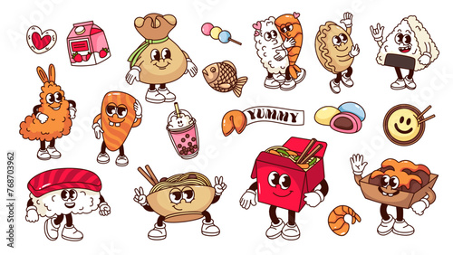 Groovy cartoon stickers and characters of Japanese food set. Funny retro tuna and shrimp sushi, takoyaki and mochi in cartoon mascot collection, fast food emoji of 70s 80s style vector illustration