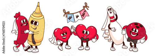 Groovy love couples cartoon characters set. Funny retro sausage and mustard bottle, bowling pin and ball, red hearts couple mascots. Cartoon marriage stickers of 70s 80s style vector illustration