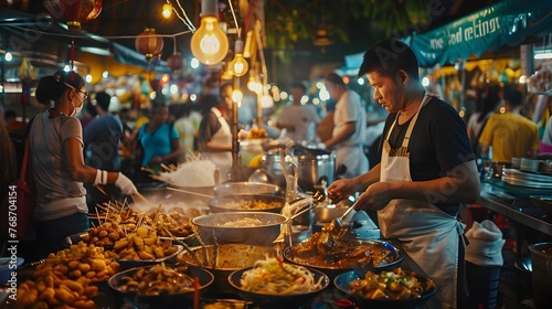 Night Market Vendors Energetically Serving Traditional Thai Dishes Under Warm Lights in Bangkok © kiatipol