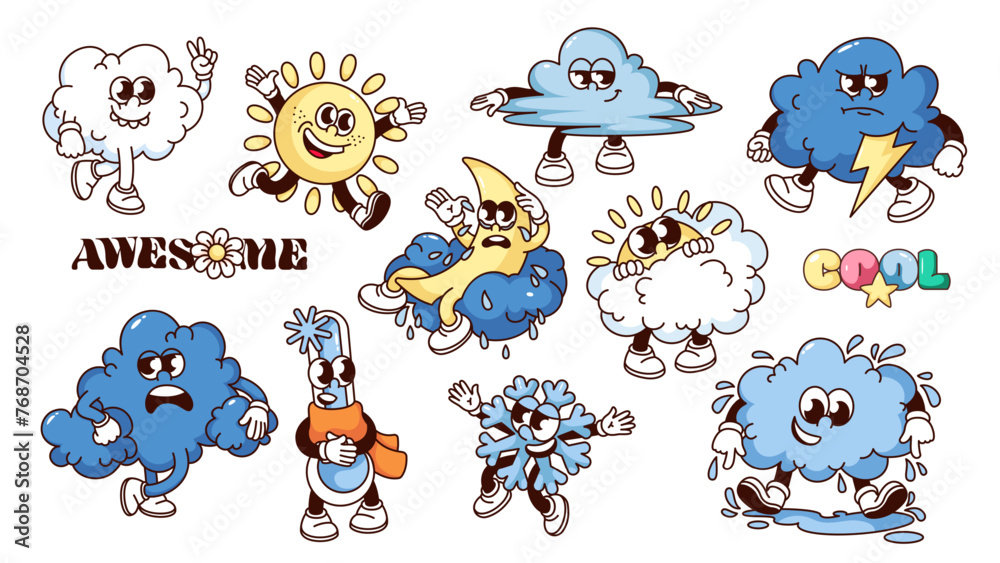 Groovy cartoon weather characters and stickers set. Funny retro walking sun and cloud, running snowflake. Weather forecast and meteorology mascot, cartoon stickers of 70s 80s style vector illustration