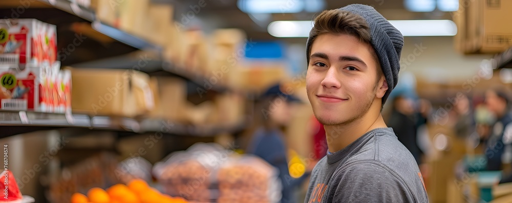 A young male student volunteer is shown in a friendly helpful pose while assisting with a community food drive