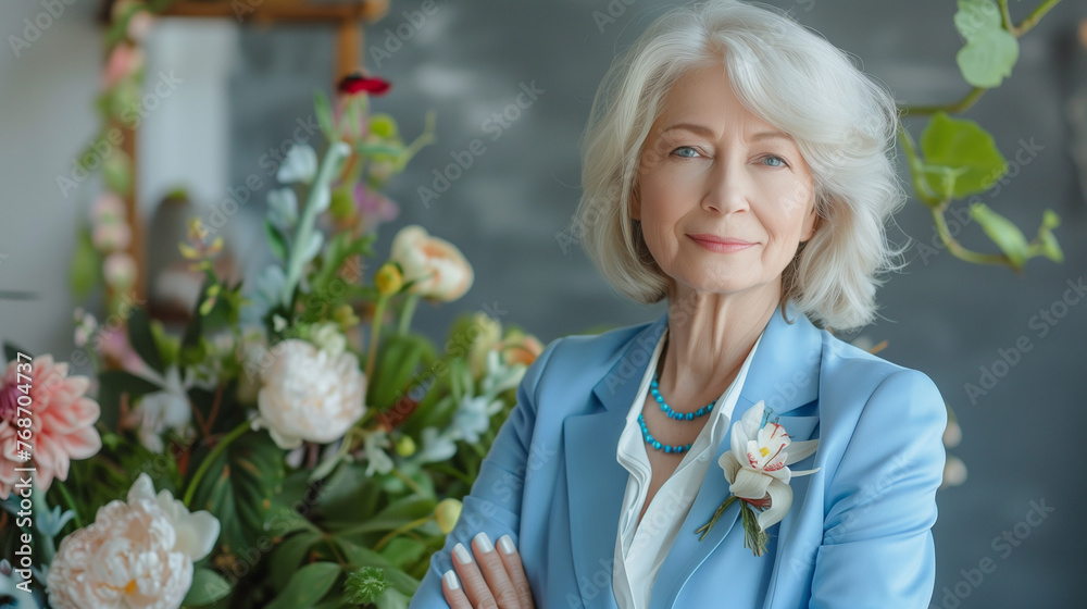Beautiful aged woman in a smart business suit with a bouquet of flowers Beautiful aged woman in a smart business suit with a bouquet of flowers