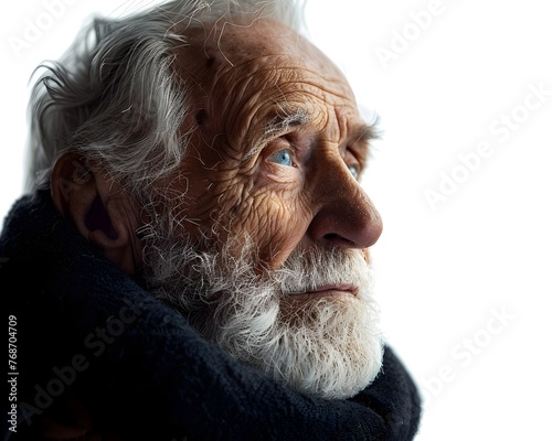 Thoughtful Elderly Man with Serene Gaze and Wisdom in His Expression Isolated on White Background with Ample Copy Space