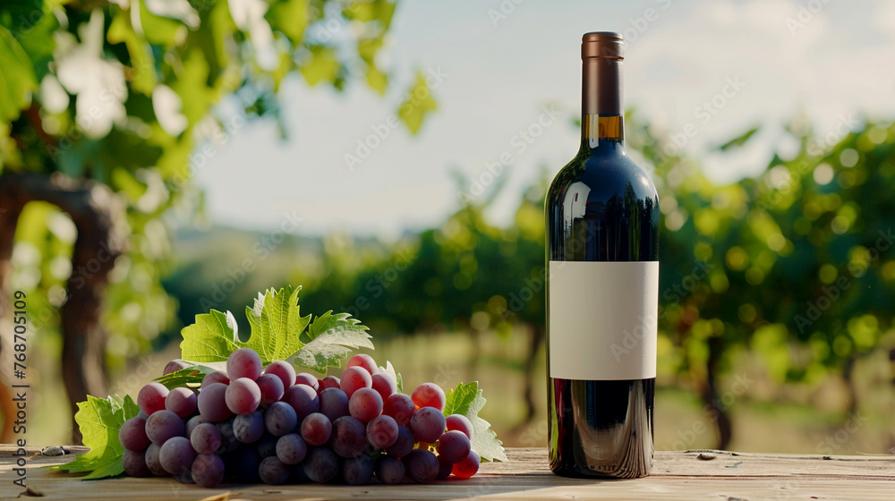 Bottle of red wine with ripe grapes on wooden table, AI Generative.