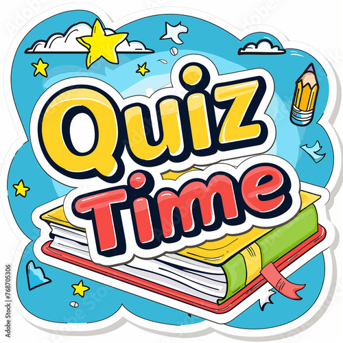 school quiz time with pencil and book  sticker isolated on white background photo