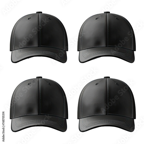 Set of black front and side view hat baseball cap on transparent background cutout, PNG file. Mockup template for artwork graphic design
