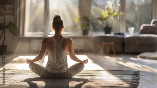 Female person meditating in yoga position in the light living room  back view