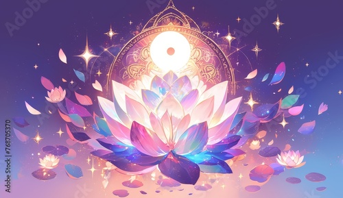 A chakra lotus flower inside of an eclipse in rainbow colors. 