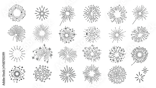 Fireworks explosion of round shape line icon set. Black outline fireworks burst with fire, stars and radial light rays, starburst monochrome icon, entertainment elements collection vector illustration