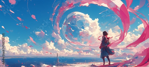 A fantasy painting of pink and white clouds in the shape of ribbons floating over an ocean