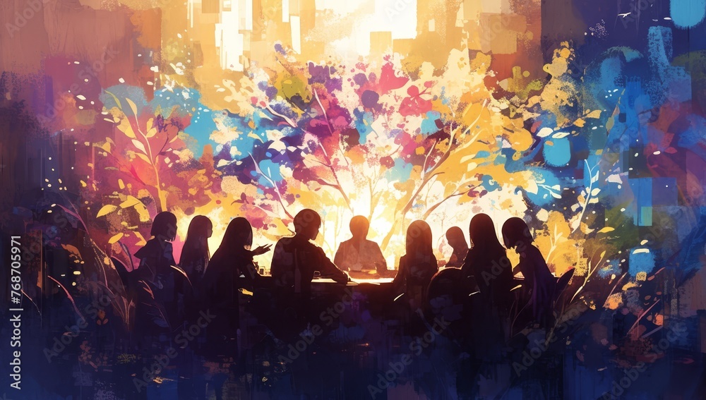 A group of people are sitting together, having an animated discussion with a colorful watercolor background. 